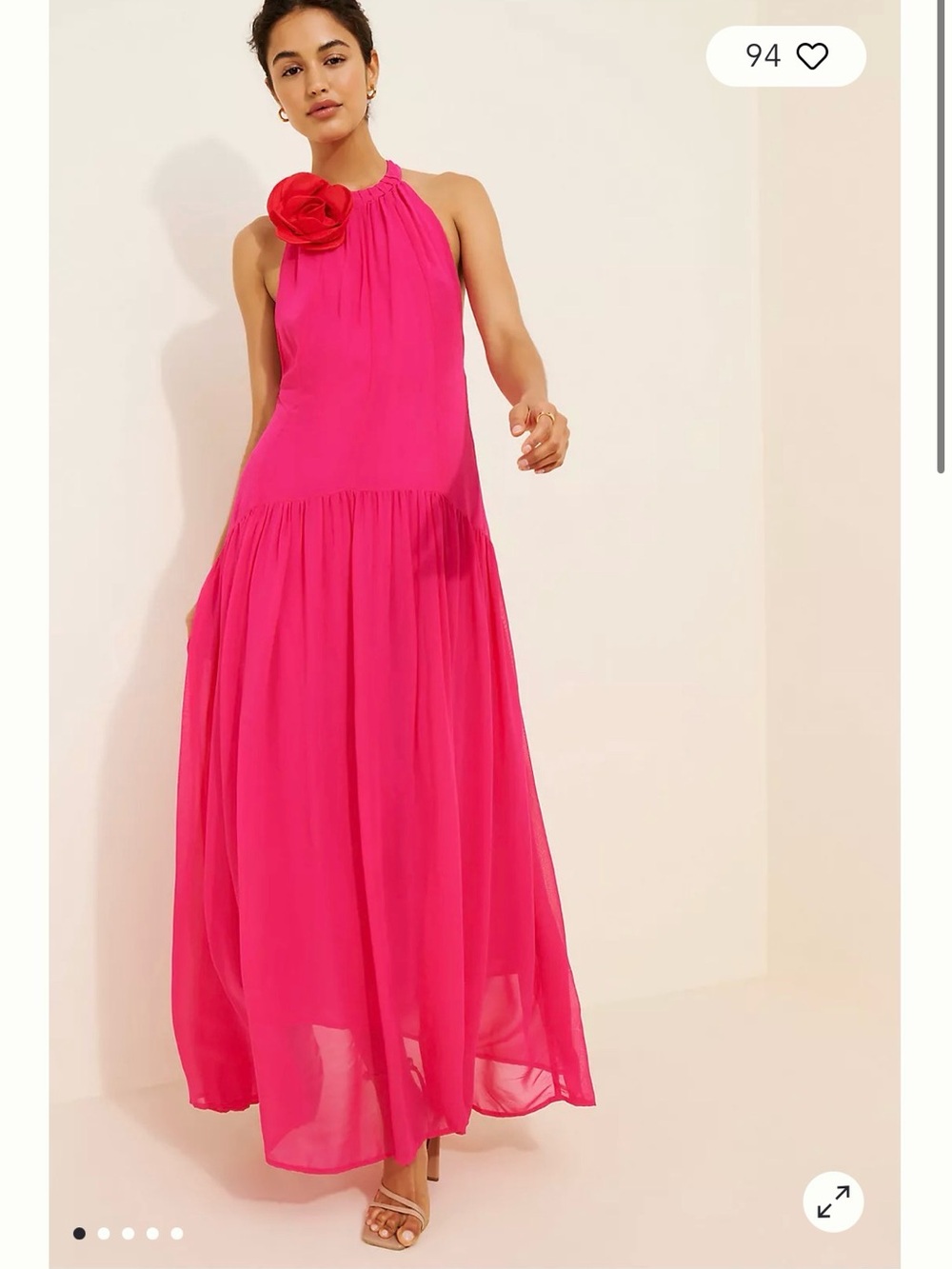 FARM Rio Hot Pink Halter Maxi Dress with Rosette Shoulder
